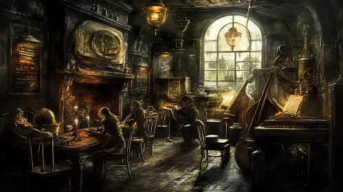 Cozy Room with Musicians and Classical Instruments
