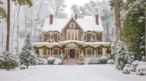 Holiday-Decorated Brick House Surrounded by Snowy Trees