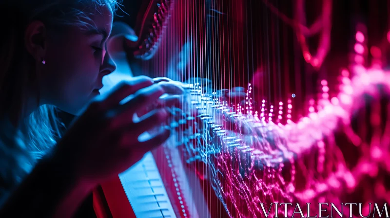 AI ART Musician Plucking Harp Strings Under Ambient Light