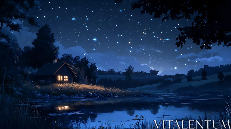 Peaceful Night Scene with Cabin and Reflective Lake AI Image