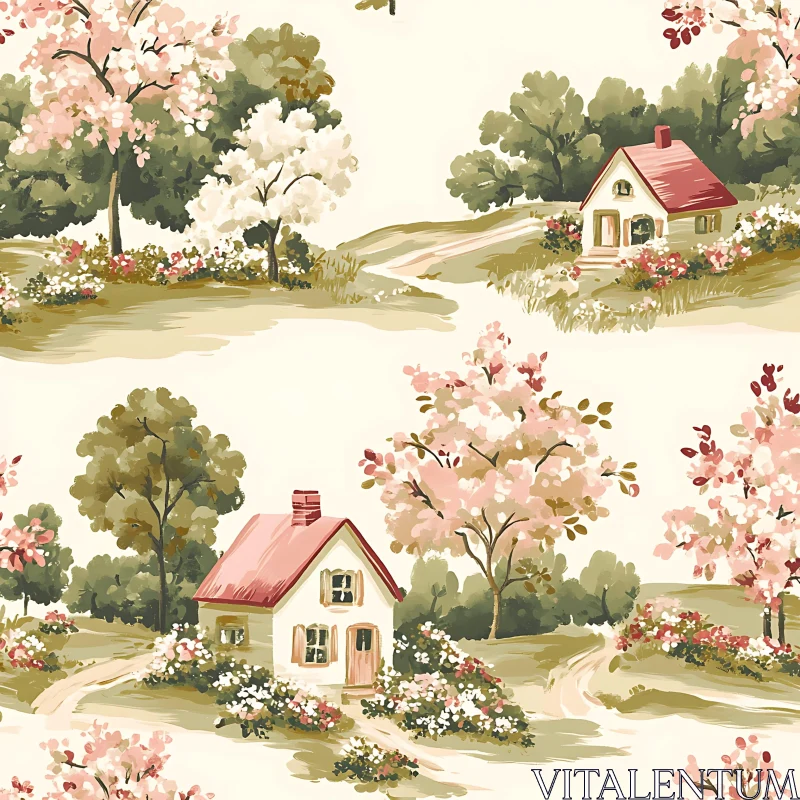 Picturesque Springtime Cottage Illustration AI Image