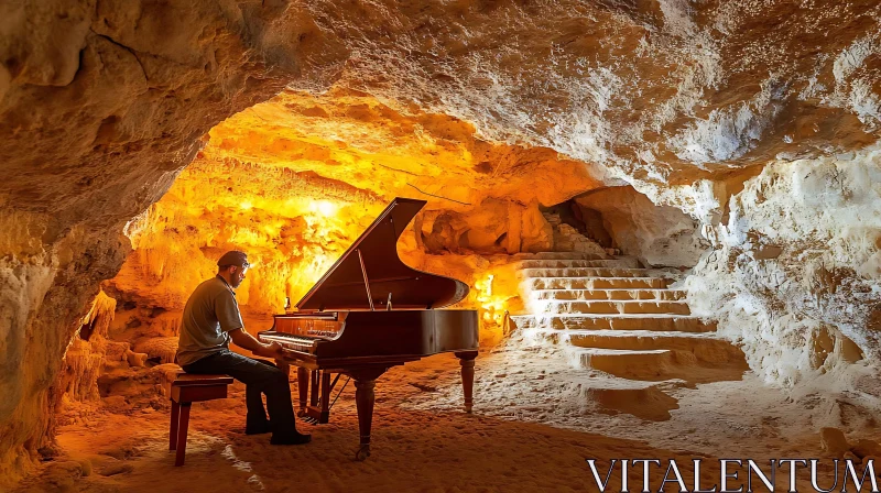 Mystical Piano Recital in a Golden Cave AI Image