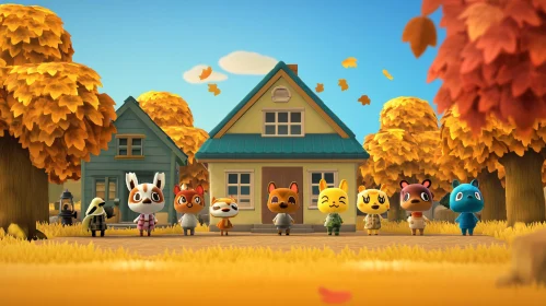 Adorable Animal Characters in a Fall Village