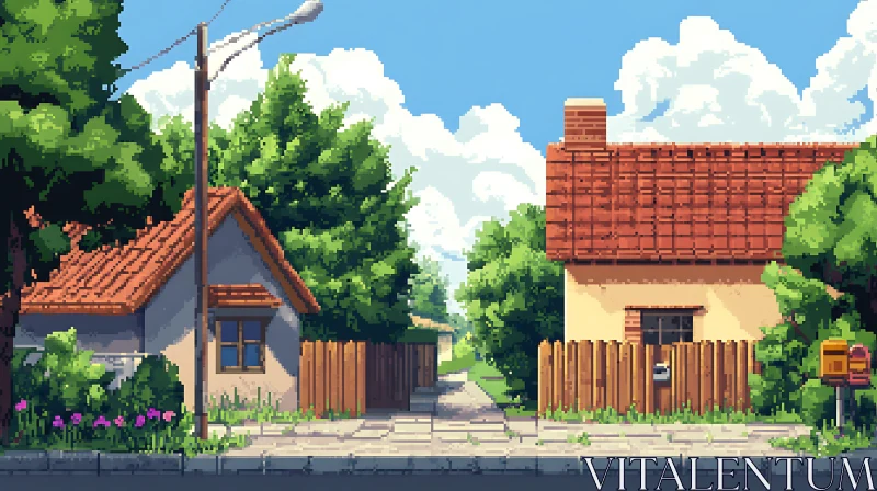 Pixel Art Street Scene with Cozy Houses and Flowers AI Image