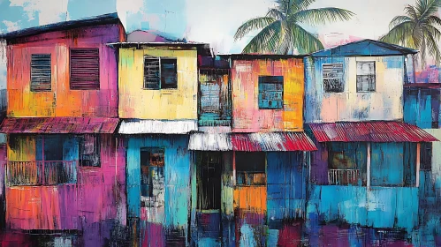 Vibrant Row of Colorful Houses in Abstract Art