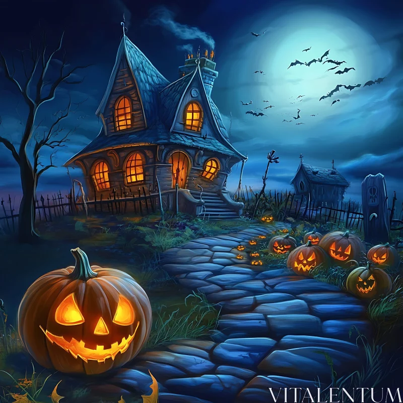 Spooky Halloween Scene with Haunted House and Bats AI Image