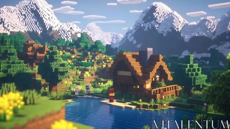 AI ART Pixelated Cabin by River in Video Game Mountainscape