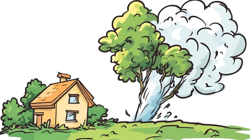 House and Tree with Smoke Illustration