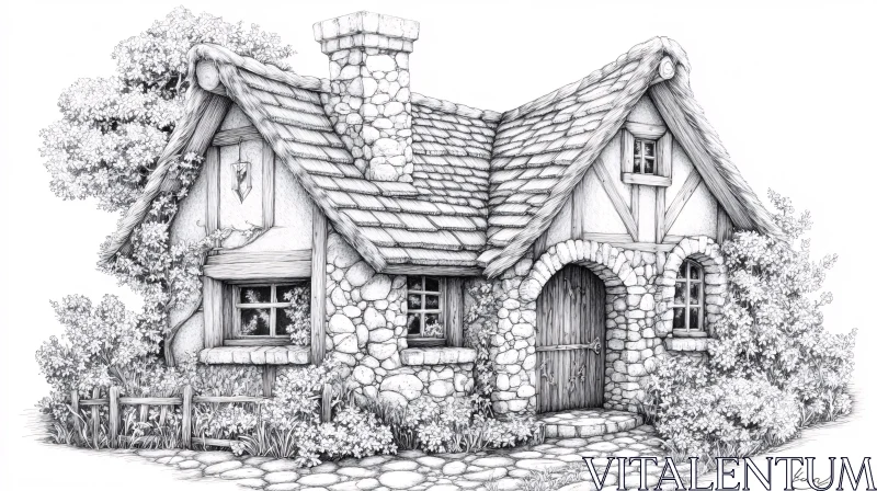 Quaint Stone Cottage Drawing with Verdant Surroundings AI Image