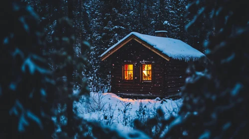 Snow-Covered Cabin Illuminated in the Night Forest