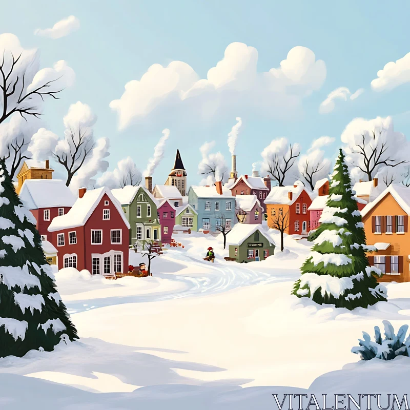 Snowy Village Scene with Colorful Houses AI Image