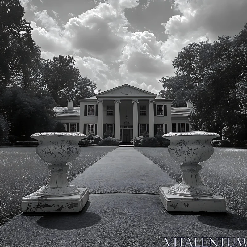 Elegant Mansion with White Columns and Sculptured Pathway AI Image