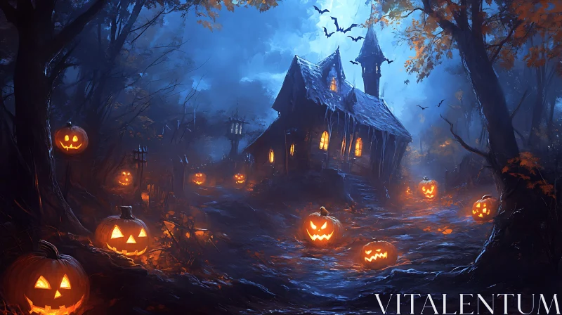 Spooky Halloween Night with Haunted House and Pumpkins AI Image