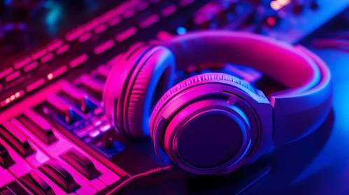 Neon-Lit Headphones and Synthesizer Close-Up