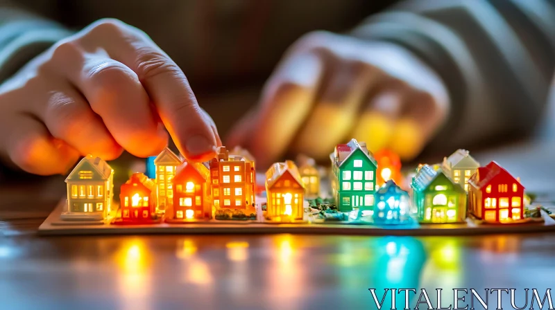 Hand Adjusting Colorful Model Houses AI Image