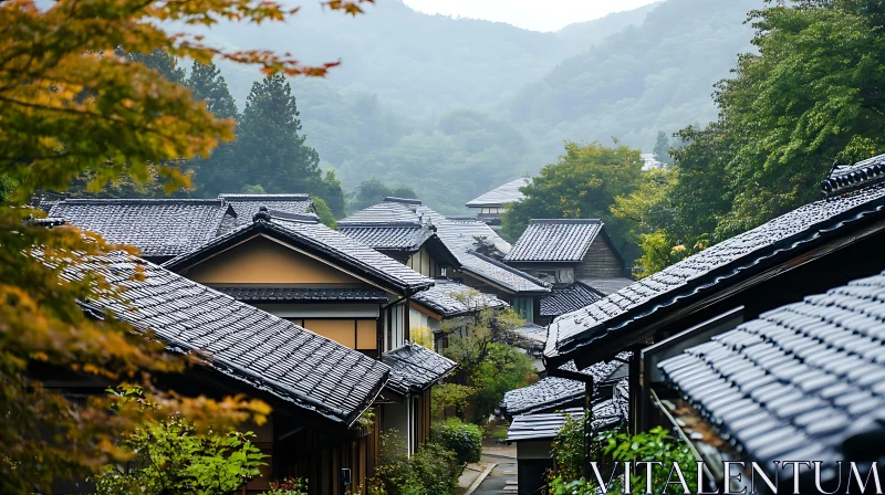 AI ART Tranquil Village Houses in Misty Mountains