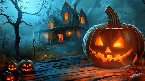 Haunted House and Jack-o'-lanterns Halloween Scene