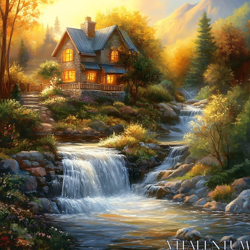 Serene Cottage Retreat in Forest with Waterfalls AI Image