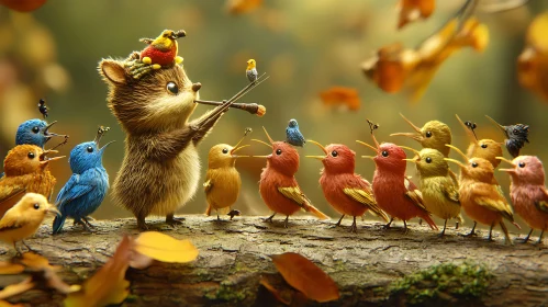 Adorable Furball Conducting Colorful Bird Choir