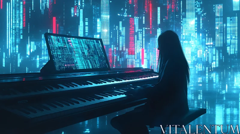 Cyberpunk Pianist in Neon Glow AI Image