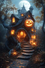 Mystical Forest House with Pumpkin Lights