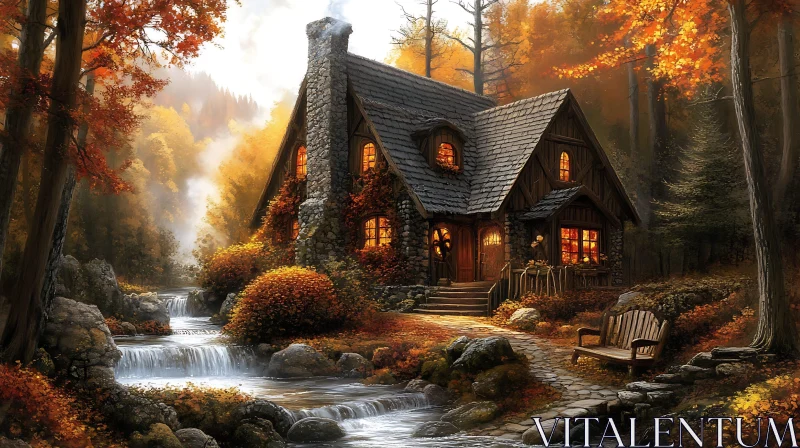 AI ART Cozy Autumn Cabin by the Stream in the Heart of the Forest