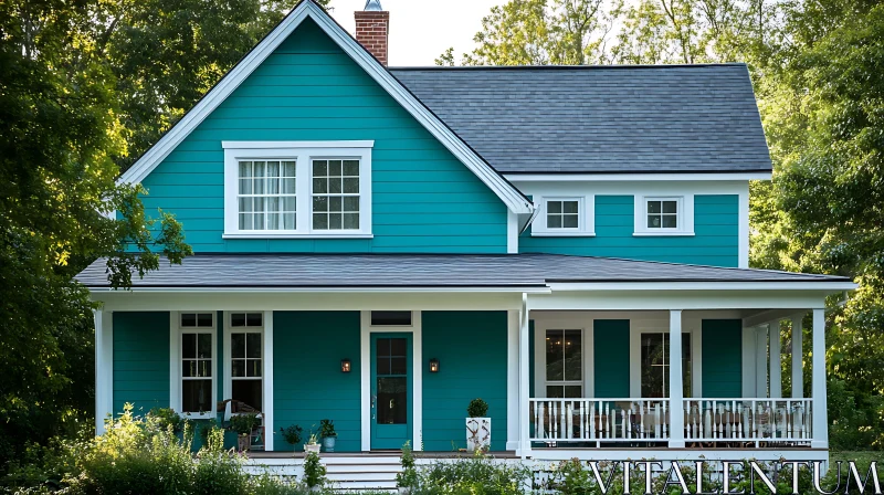 Beautiful Blue House with Front Porch Surrounded by Greenery AI Image