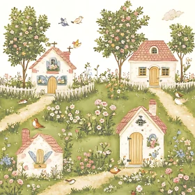 Charming Village Scene with Cottages and Wildflowers