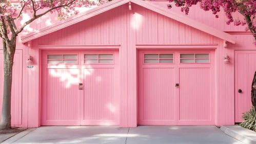 Whimsical Pink House with Garage and Blossoming Trees