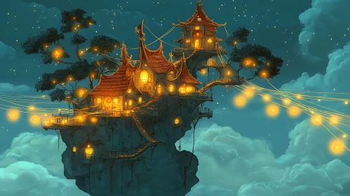 Enchanting Fantasy Scene with Floating House and Lanterns