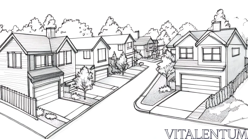 Suburban Neighborhood Houses Drawing AI Image