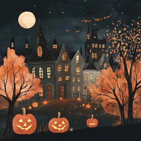 Spooky Halloween Scene with Haunted House