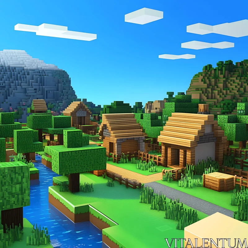 Blocky Minecraft Village with Greenery AI Image