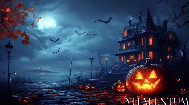 Eerie Halloween Night with Haunted House and Pumpkins AI Image