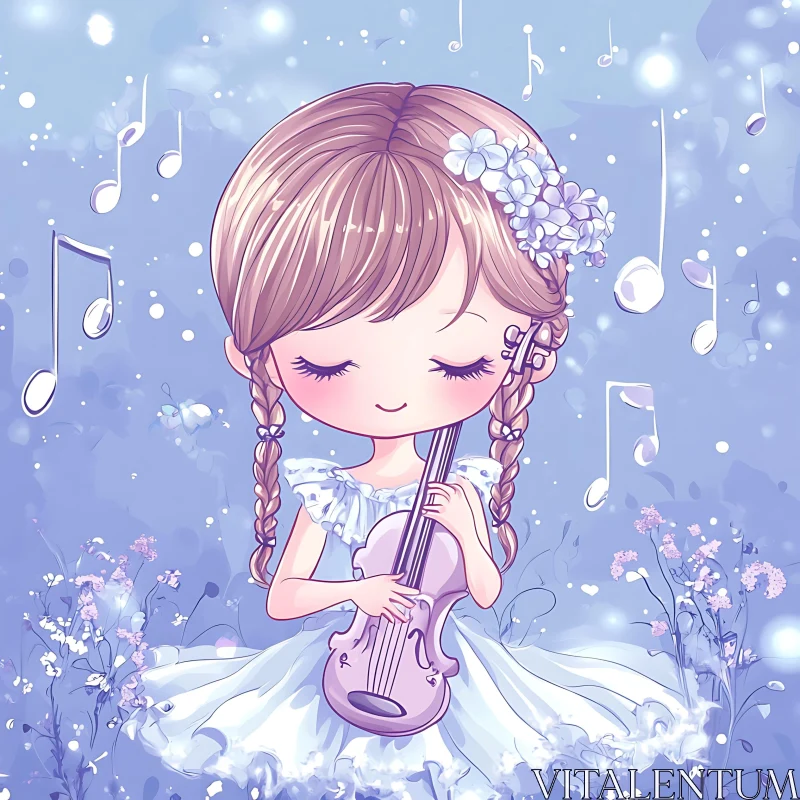 Whimsical Anime Girl with Violin and Flowers AI Image