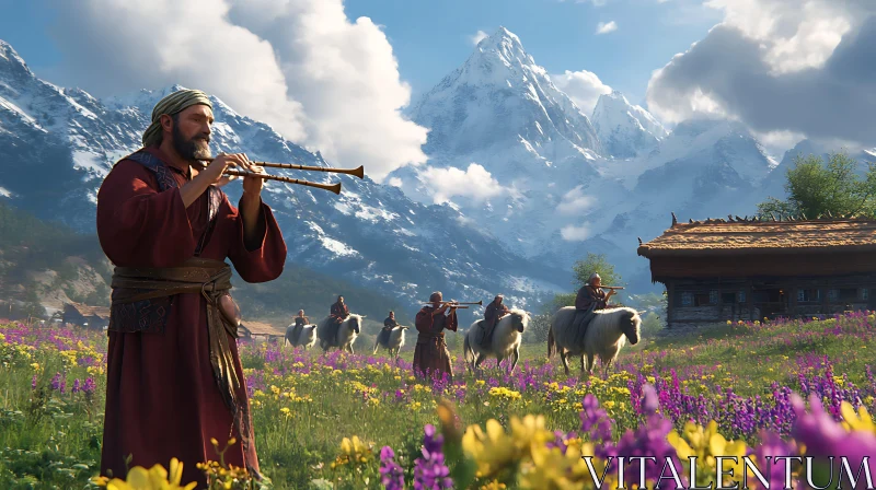 Mountain Serenade by Shepherds in Flower Field AI Image