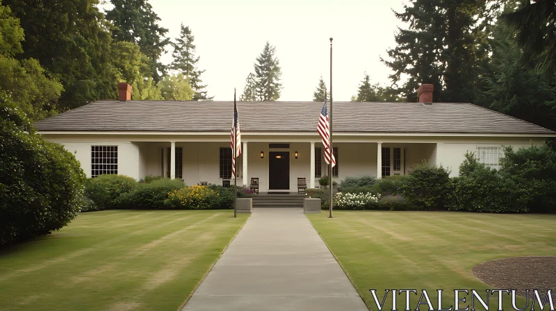 Elegant Single-Story Home with Manicured Lawn and Flags AI Image