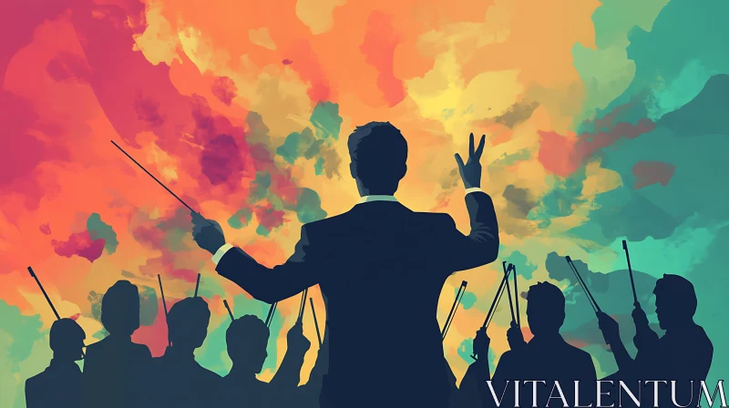 Conductor with Orchestra Against a Vivid Background AI Image