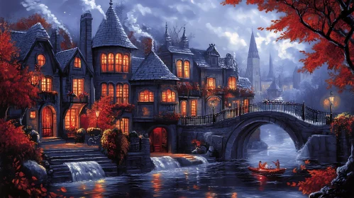 Enchanting Night in a Quaint Village by the River