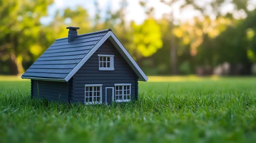 Miniature Dark Gray House in Grass