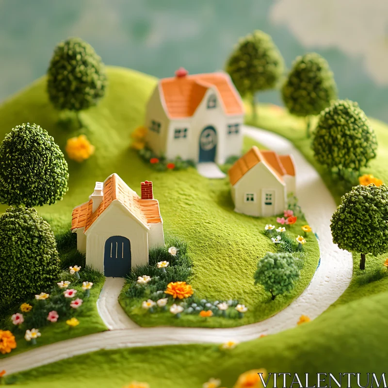 Idyllic Miniature Hillside Village AI Image