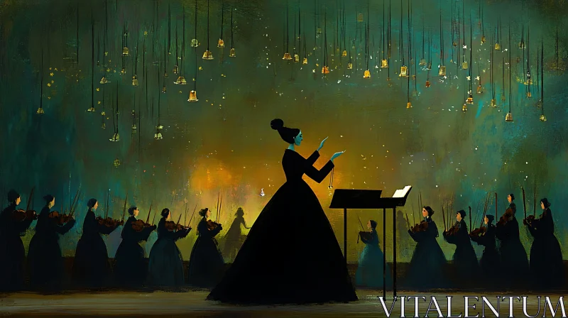 Orchestra and Conductor Under Ethereal Lights AI Image