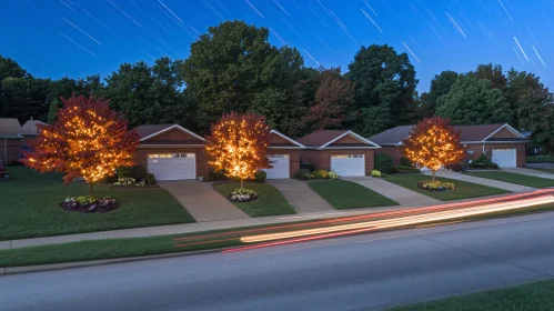 Night Scene of Suburban Homes with Holiday Lights