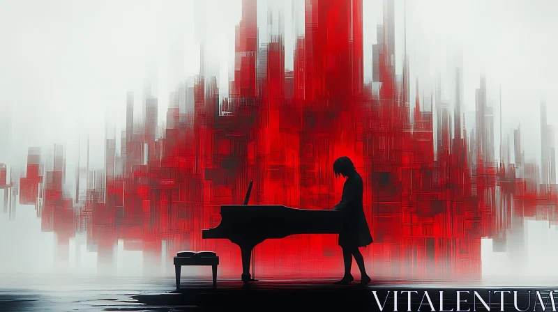 Abstract Silhouette with Piano and Red Urban Backdrop AI Image