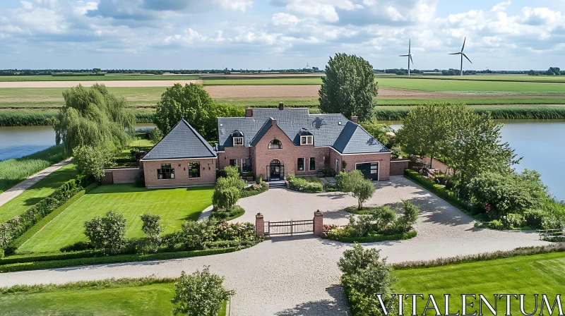 Country Home with River and Wind Turbines AI Image