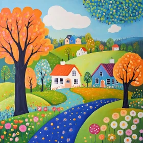 Vivid Countryside Scene with Houses and Flowers