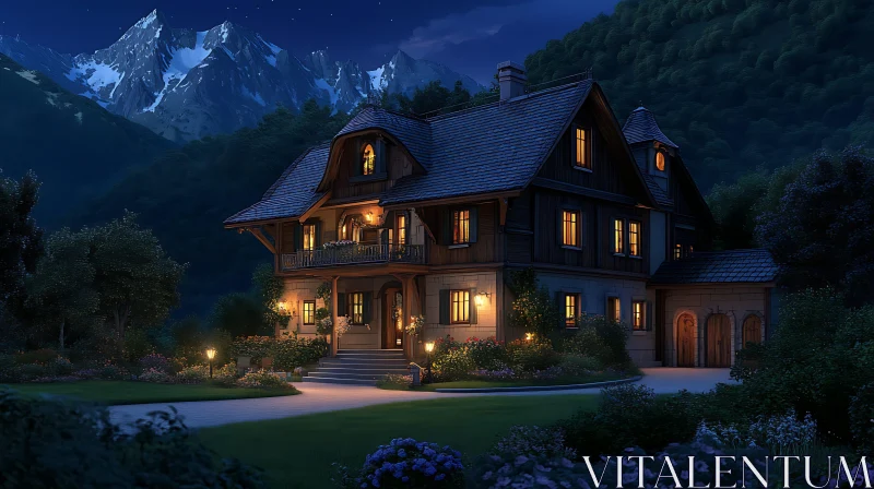 Serene Nighttime Mountain House with Glowing Lights AI Image