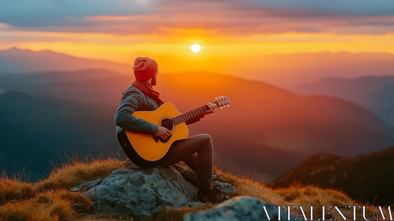 Mountain Sunset Acoustic Guitar Scene AI Image