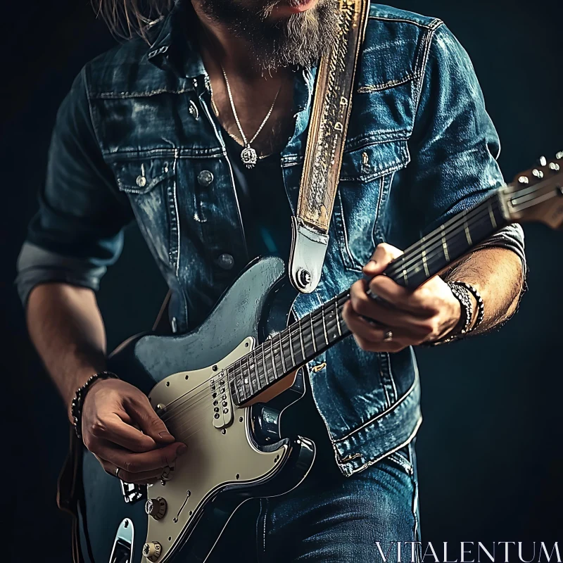 Guitar Performance by Bearded Musician in Denim AI Image