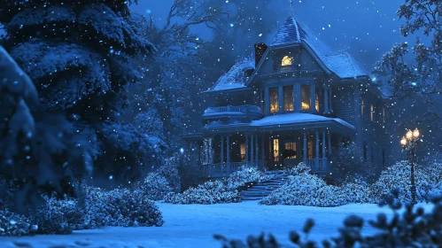 Charming Snow-Covered Victorian House at Night